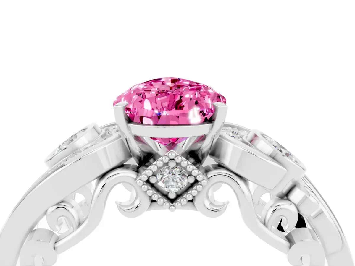 Pear Cut Pink Sapphire Solitaire Ring with Milgrain Pavé Band and Four-Prong Setting Silver