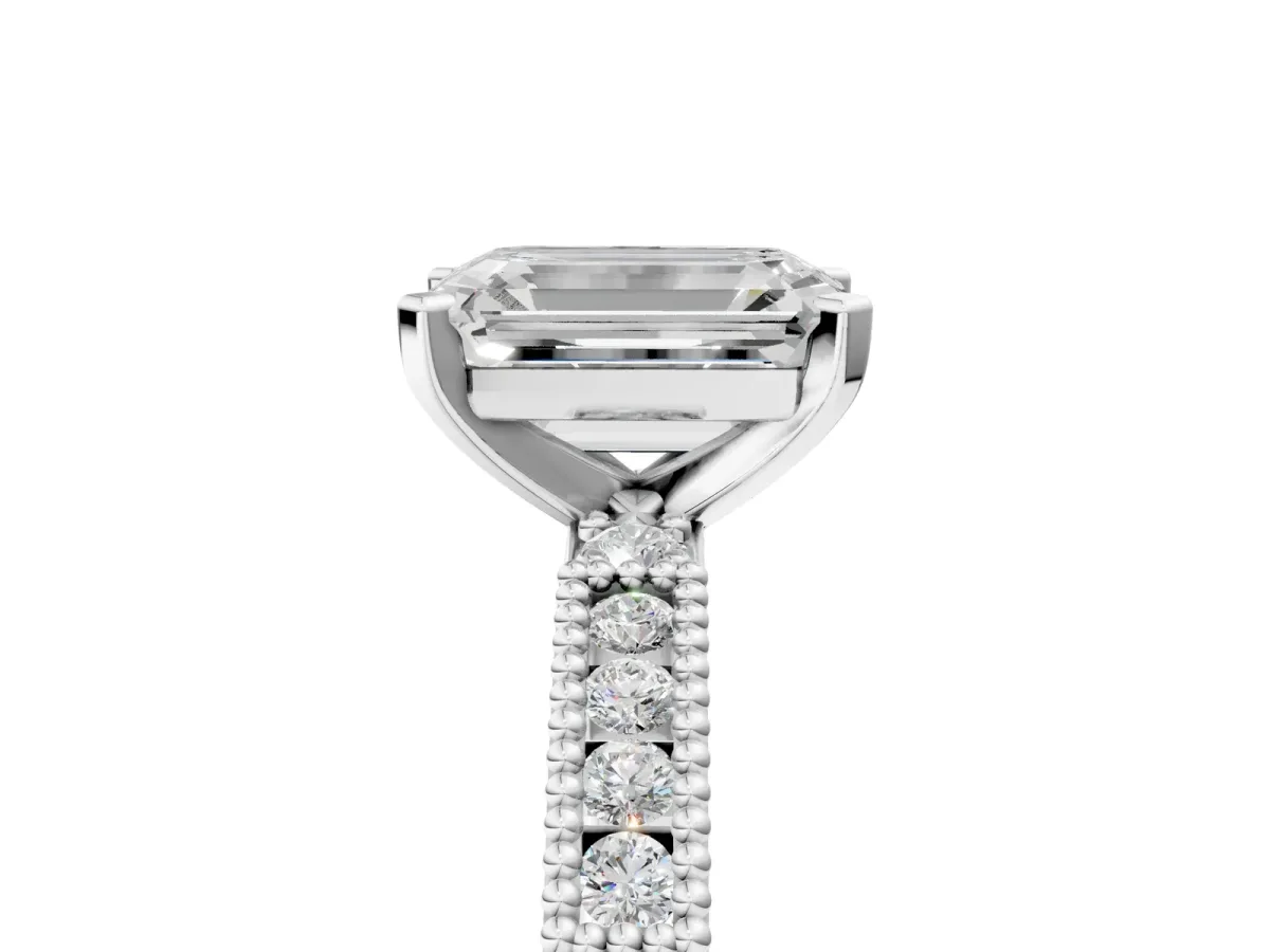 Emerald Cut Solitaire with Pavé Band and Four-Prong Setting White gold