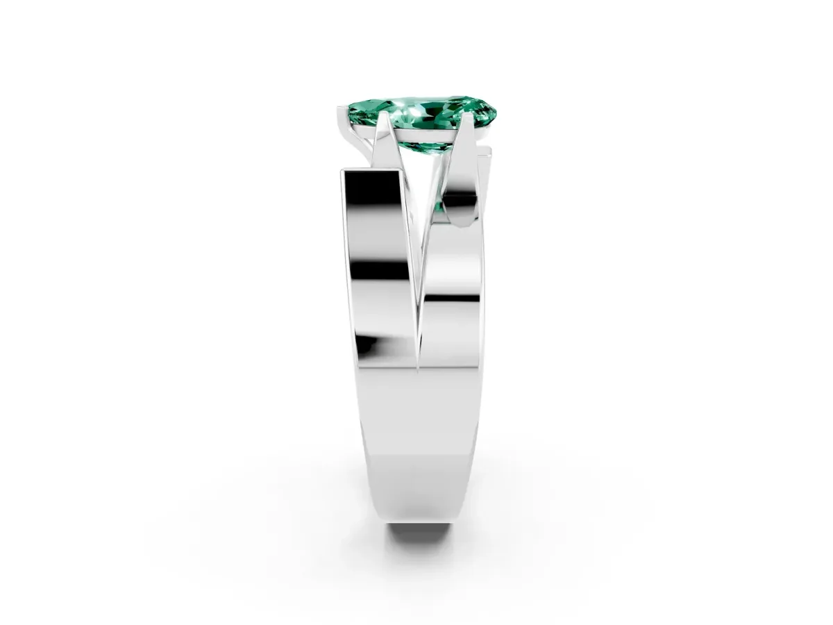Modern Tension Set Pear Cut Green Sapphire Solitaire Wide Band Ring Silver