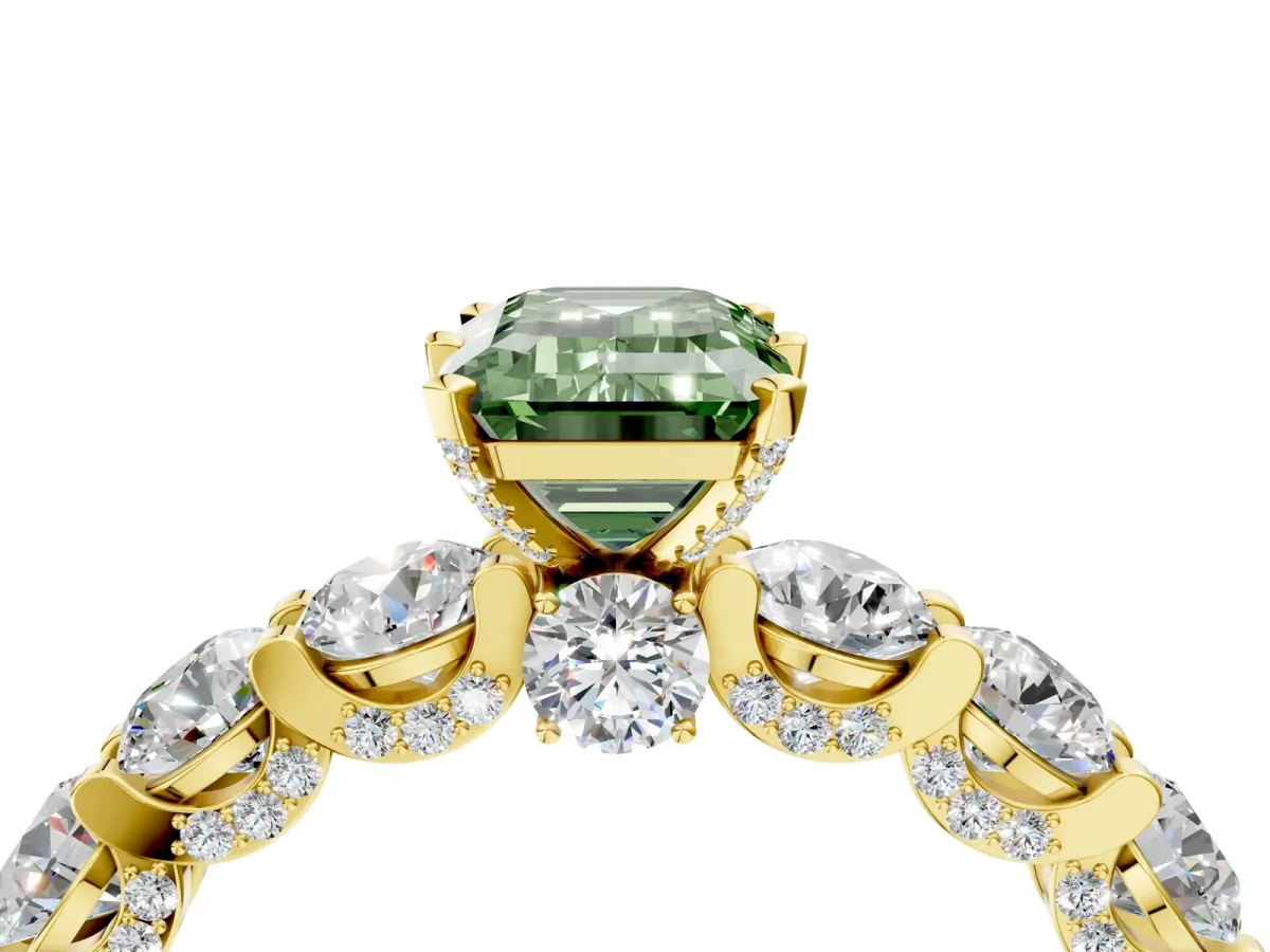 Fancy Green Emerald Cut Diamond Side Stone Engagement Ring with Four-Prong Setting Yellow gold