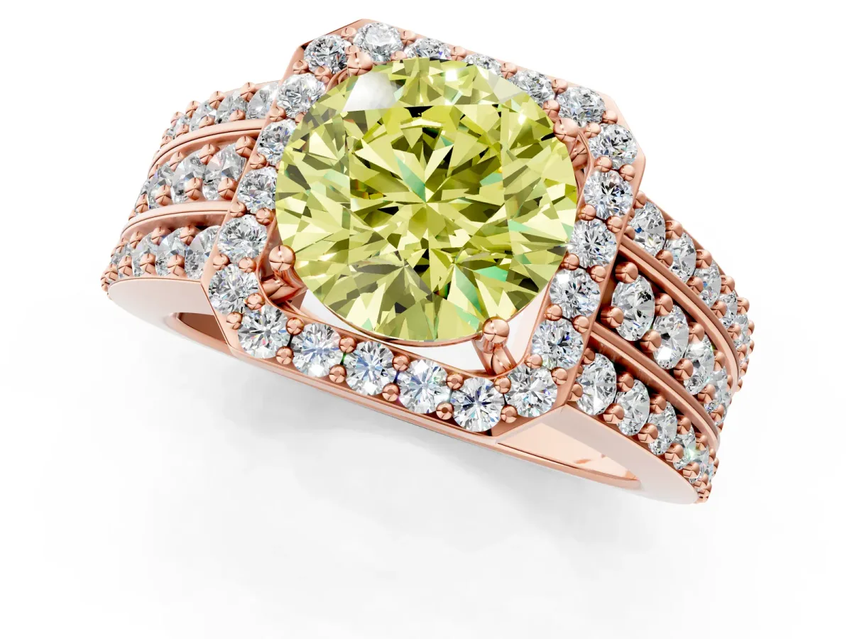 Fancy Yellow Round Cut Halo Diamond Ring with Round Split Shank and Prong Setting Rose gold