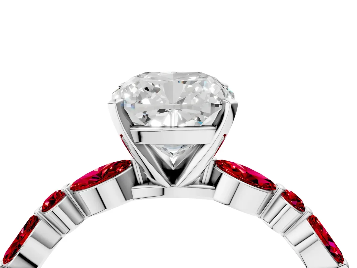 Cushion Cut Diamond Ring with Marquise and Round Ruby Side Stones and Four-Prong Setting White gold