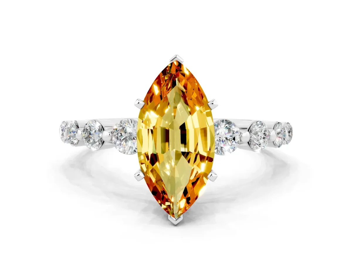 Marquise Cut Solitaire Citrine Ring with Pave Band and Four-Prong Setting Silver