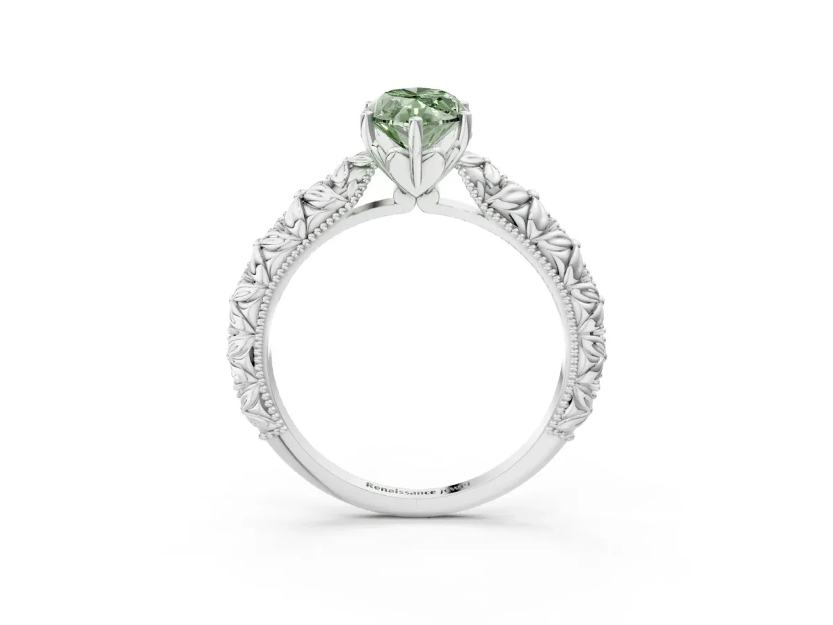 Fancy Green Marquise Cut Solitaire Floral Milgrain Engagement Ring Silver
