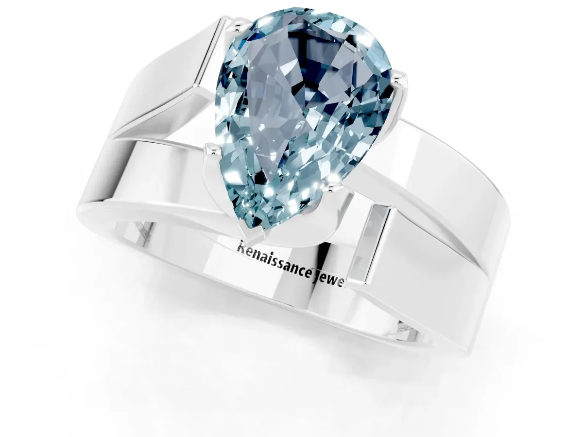 Modern Tension Set Pear Cut Aquamarine Solitaire Wide Band Ring Silver