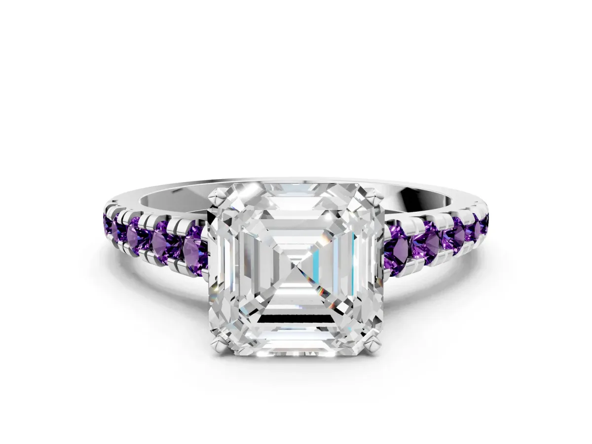 Asscher Cut Diamond Cathedral Solitaire Ring with Round Amethyst Pavé Band Silver