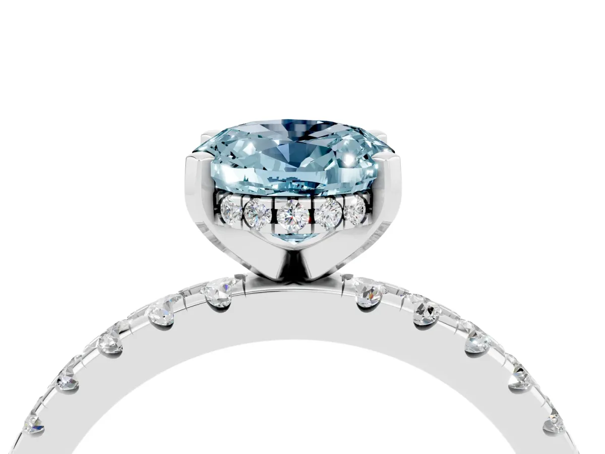 Oval Cut Aquamarine Solitaire Ring with Round Pavé Band and Four-Prong Setting Silver