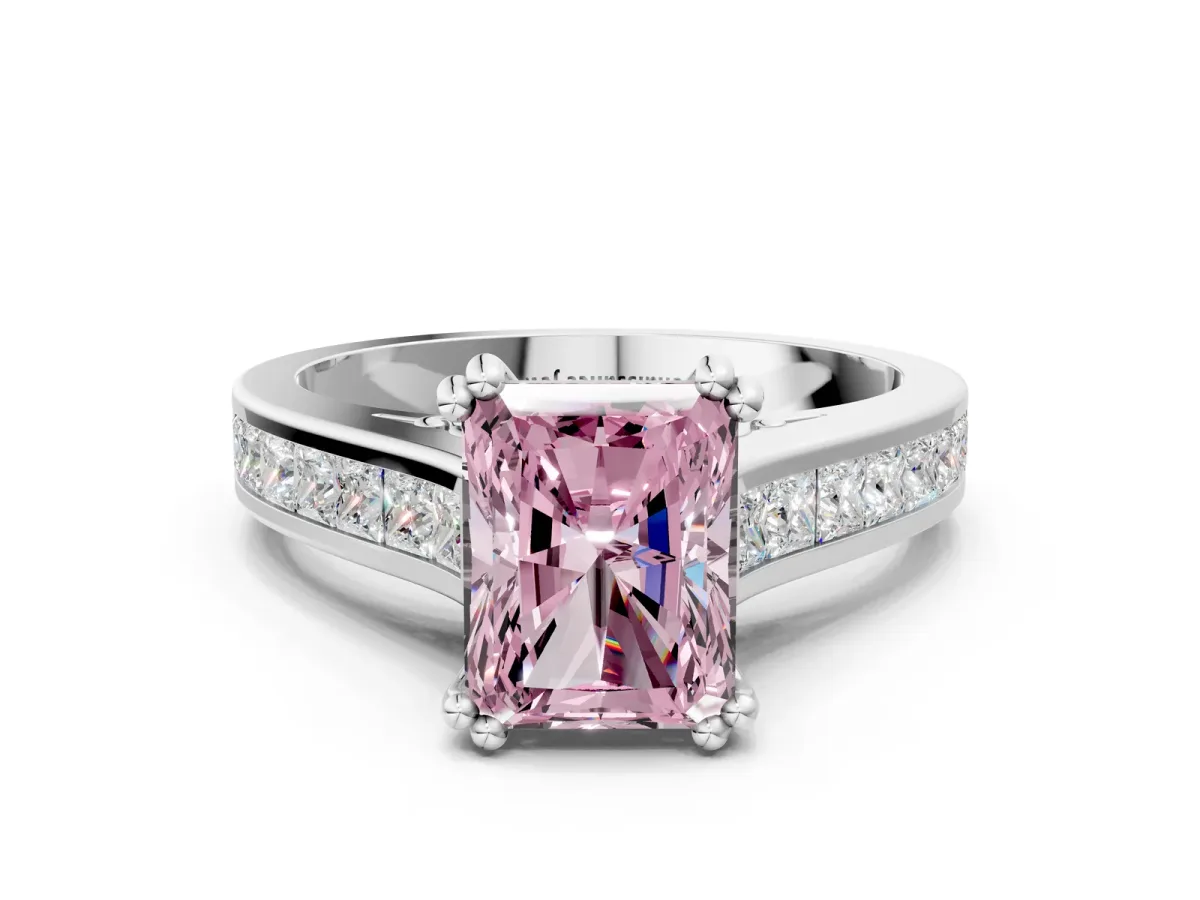 Fancy Pink Radiant Cut Cut Channel Set Solitaire Engagement Ring with Prong Setting Platinum