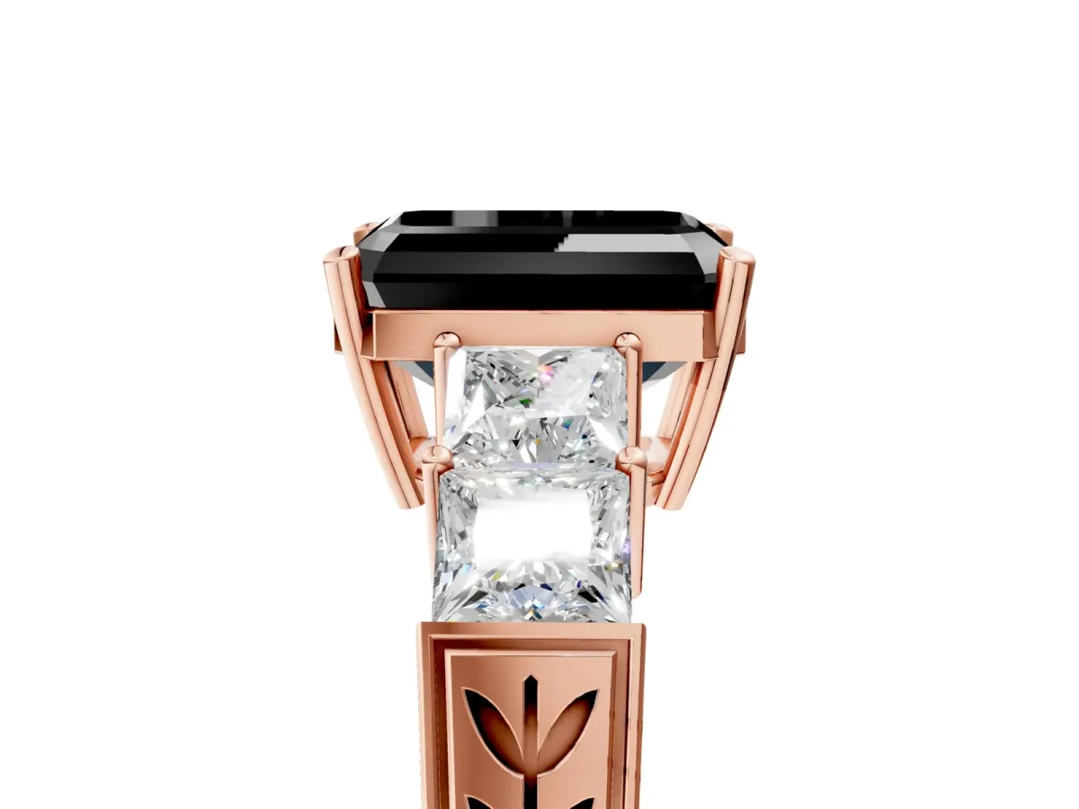 Fancy Black Emerald Cut Solitaire Princess Side Stone Engraved Band Prong Setting Ring Rose gold