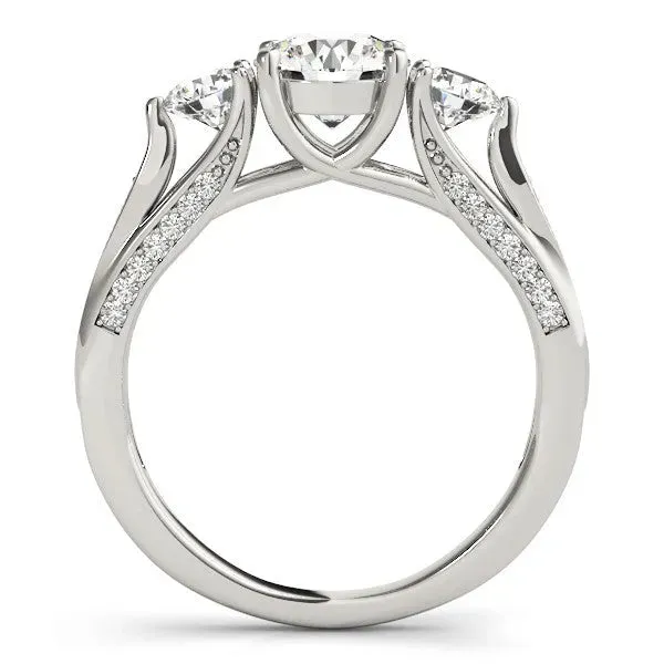 Round Cut Brilliant Three-Stone Engagement Ring with Split Shank and Prong Setting Platinum
