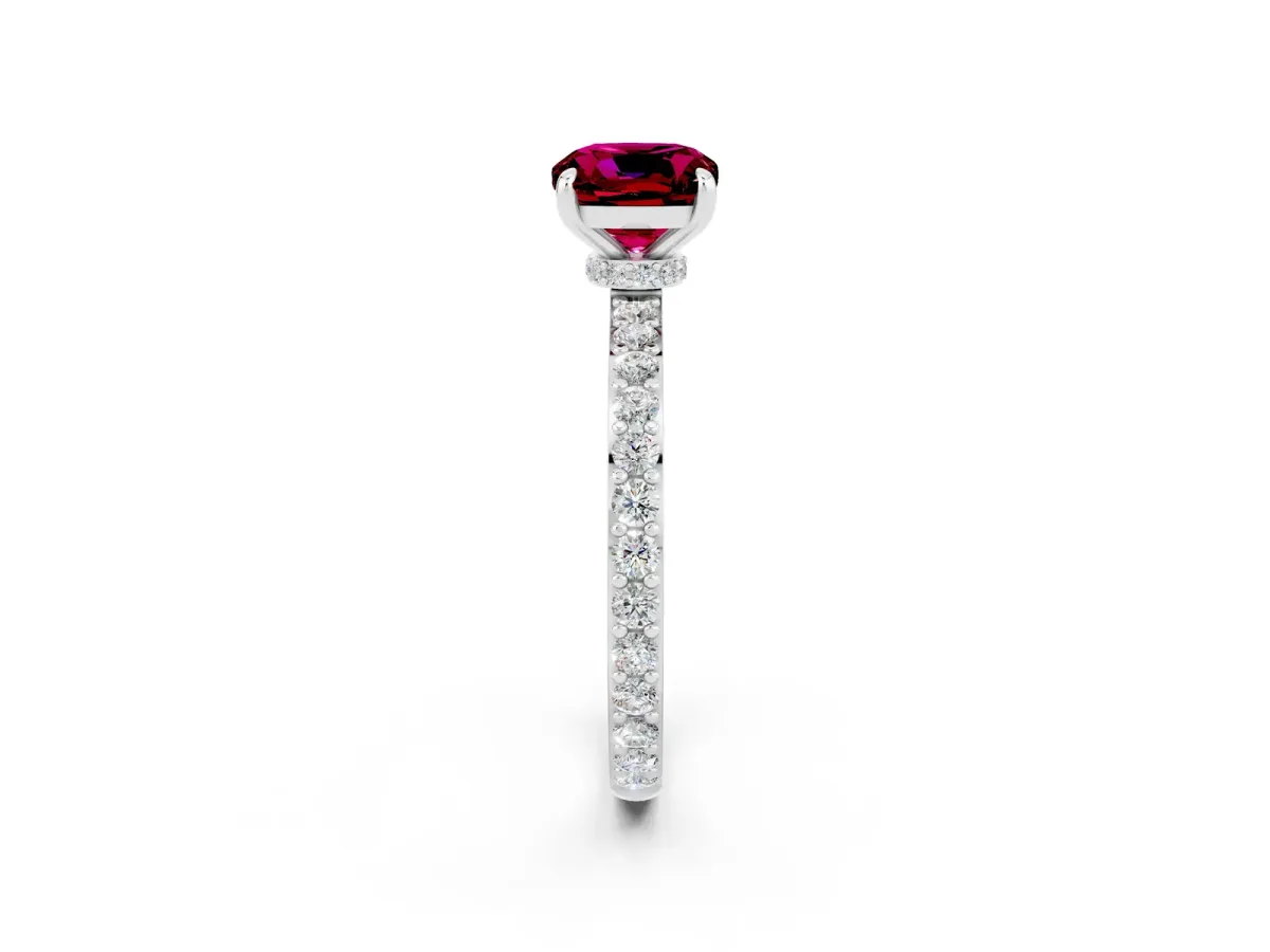 Cushion Cut Garnet Solitaire Engagement Ring with Pavé Band and Four-Prong Setting Silver