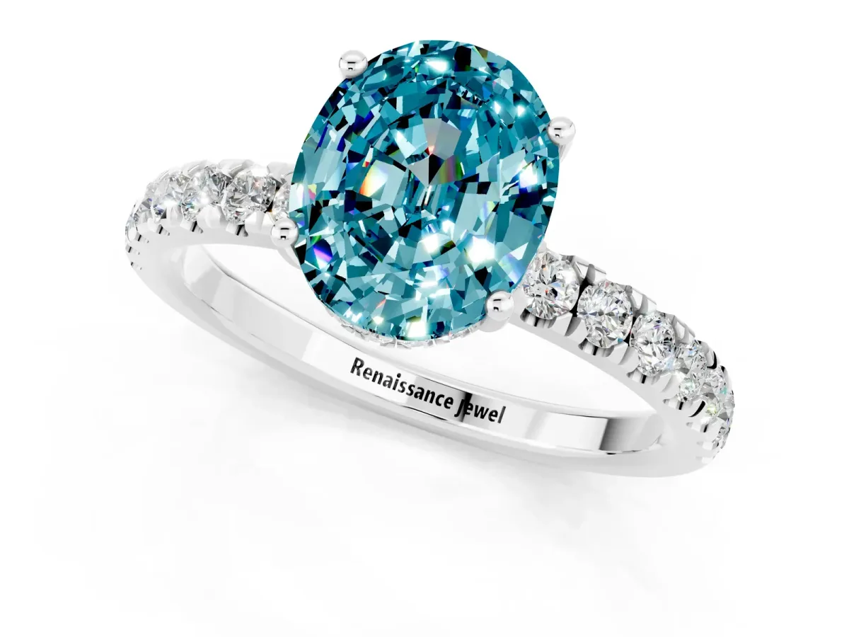 Oval Cut Blue Topaz Pave Band Solitaire Ring with Round and Prong Setting Platinum