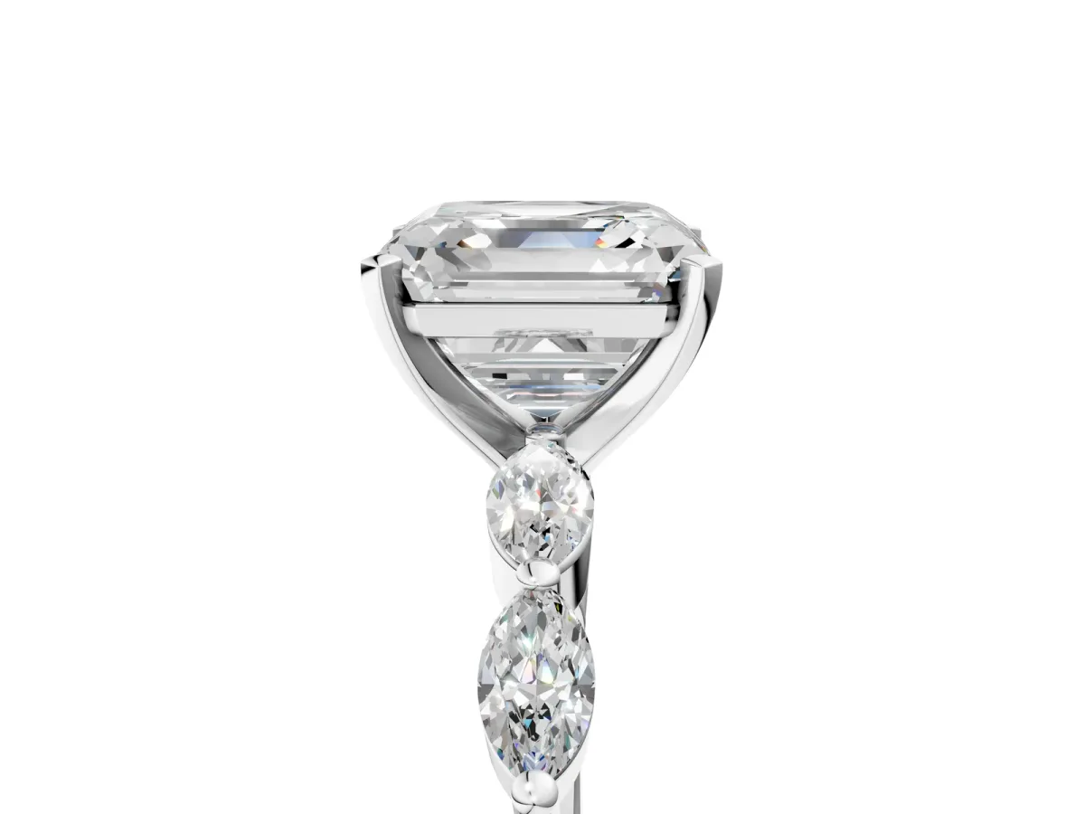 Asscher Cut Diamond Ring with Marquise Side Stones and Prong Setting Platinum