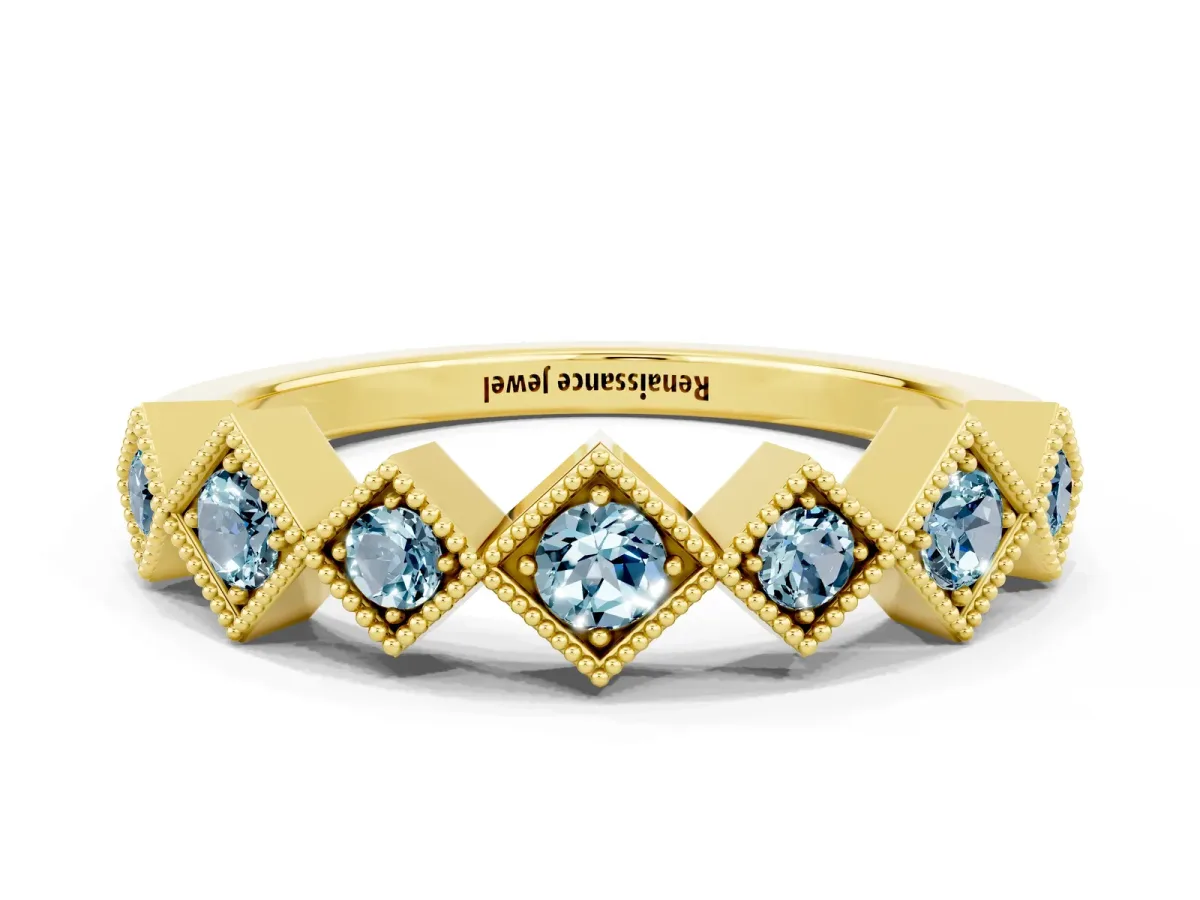 Milgrain Square Bezel Round Aquamarine Chevron Band Yellow gold