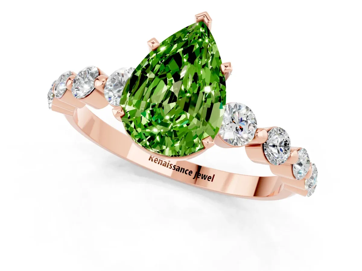 Pear Cut Solitaire Peridot Ring with Pave Band and Four-Prong Setting Rose gold