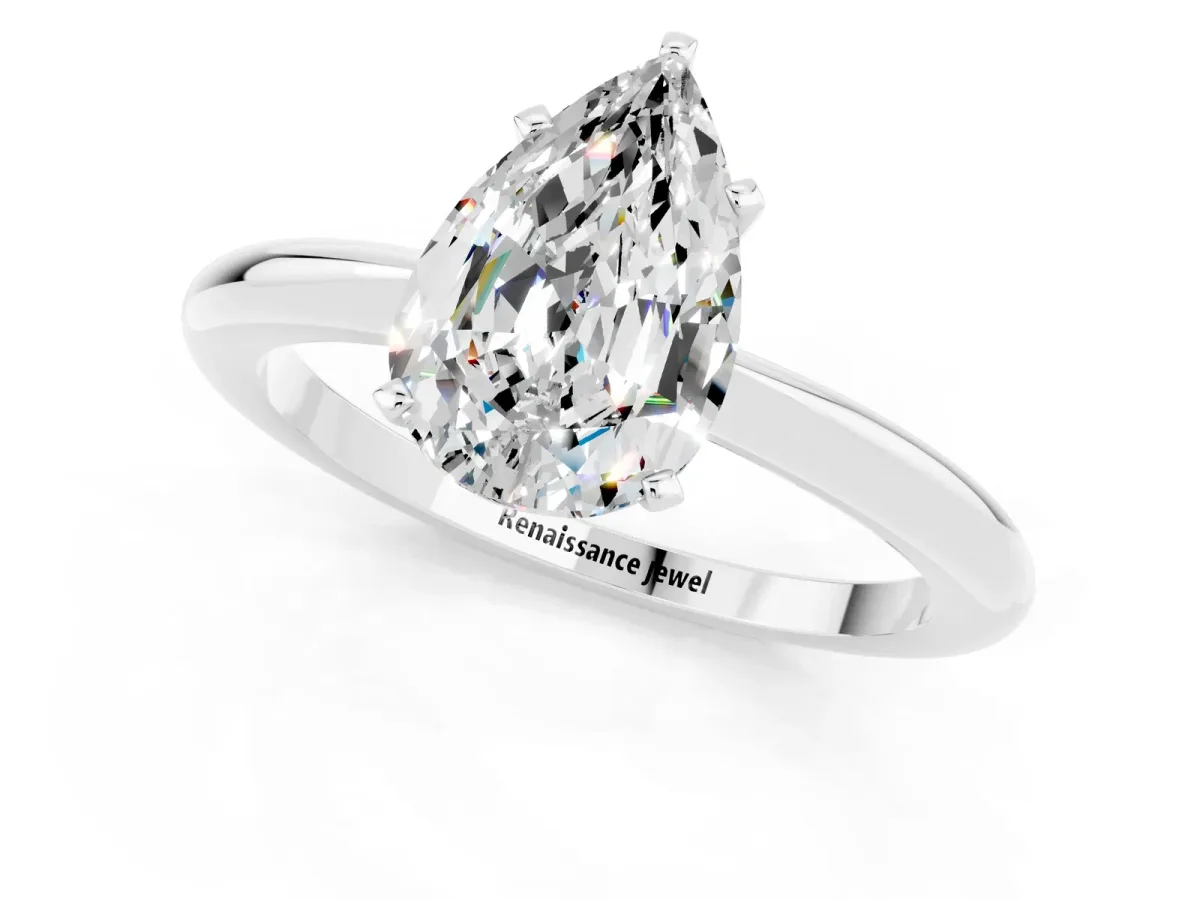 Pear Cut Moissanite Solitaire Ring with Six-Prong Setting and Classic Band Platinum