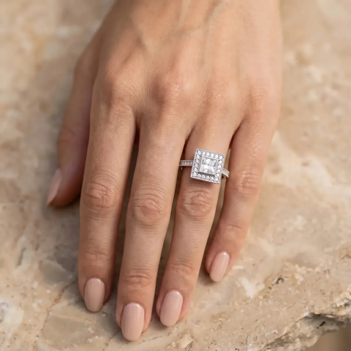 Princess Cut Cut Halo Pavé Diamond Ring Platinum