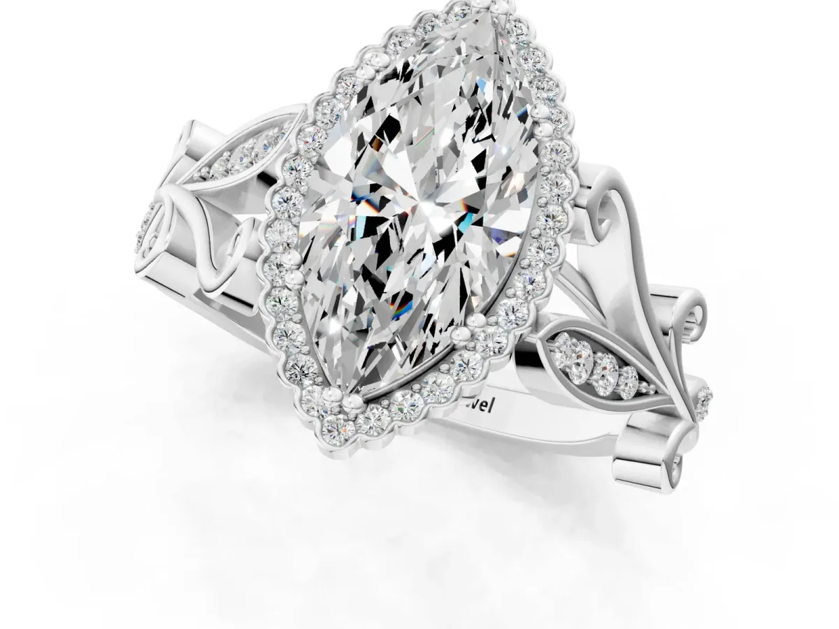 Marquise Cut Diamond Halo Ring with Vintage Split Shank and Four-Prong Setting Platinum