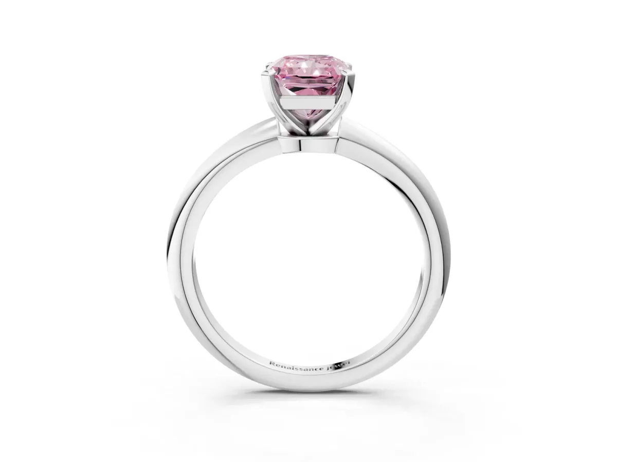 Fancy Pink Radiant Cut Diamond Solitaire Ring with Six-Prong Setting and Classic Band Silver