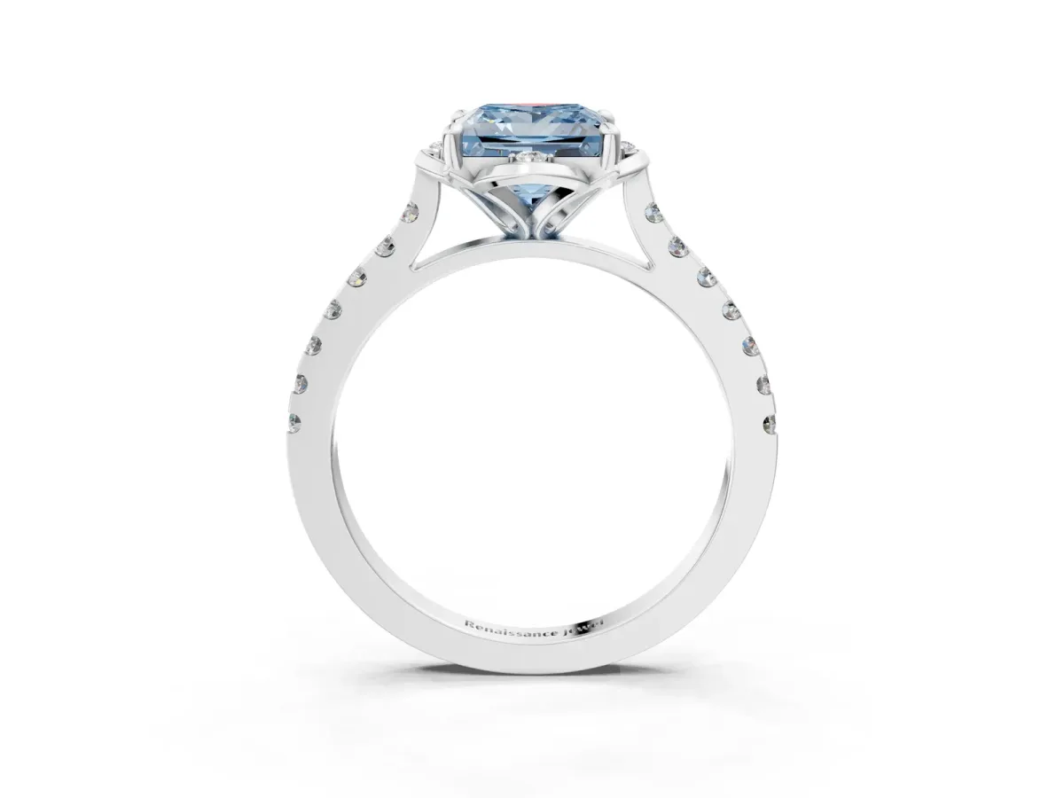 Fancy Blue Princess Cut Diamond Ring with Pavé Band and Floral Prong Setting Silver