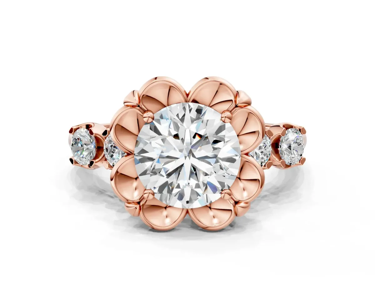 Round Cut Cut Diamond Floral Halo Engagement Ring with Shared Prong Setting Rose gold