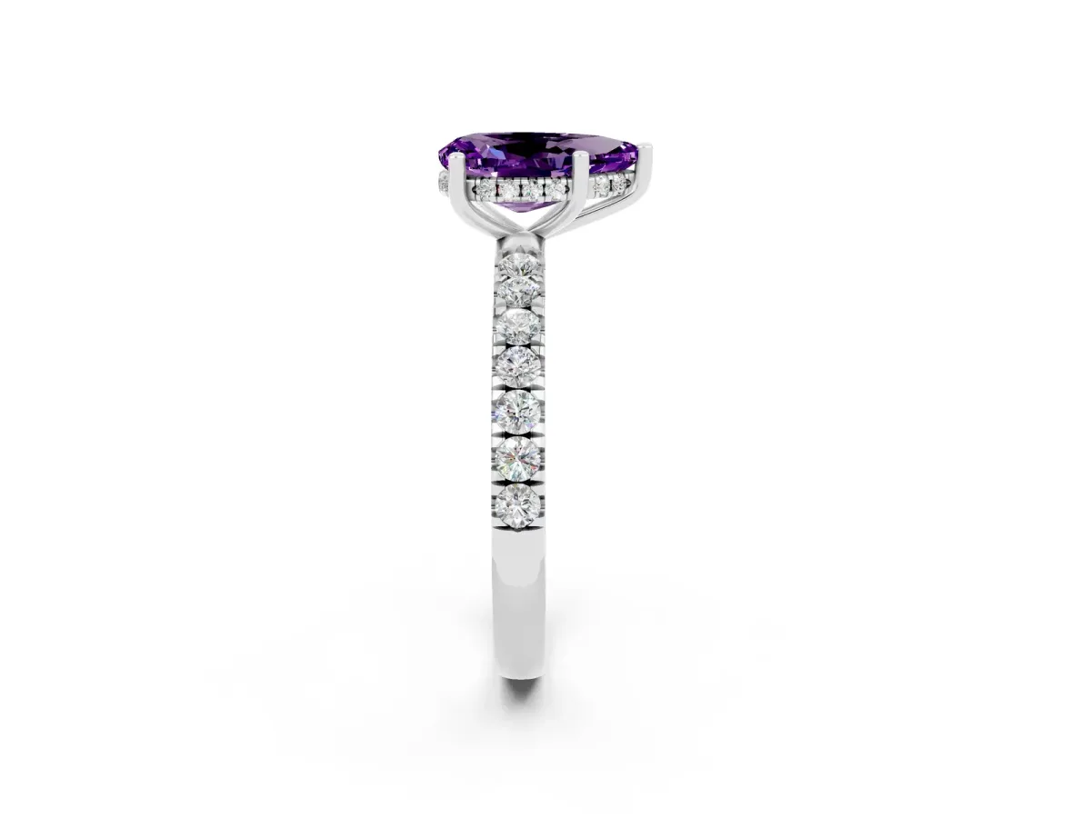 Pear Cut Amethyst Pave Band Solitaire Ring with Round and Prong Setting White gold