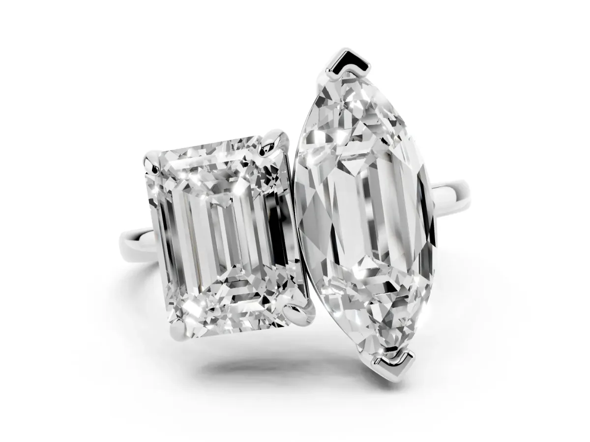 Emerald and Marquise Toi Moi Ring with Prong Setting and Plain Band Silver