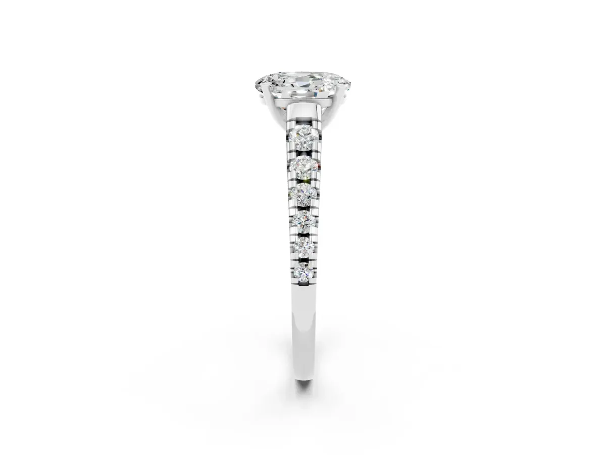 Oval Cut Moissanite Cathedral Solitaire Ring with Round Pavé Band Silver