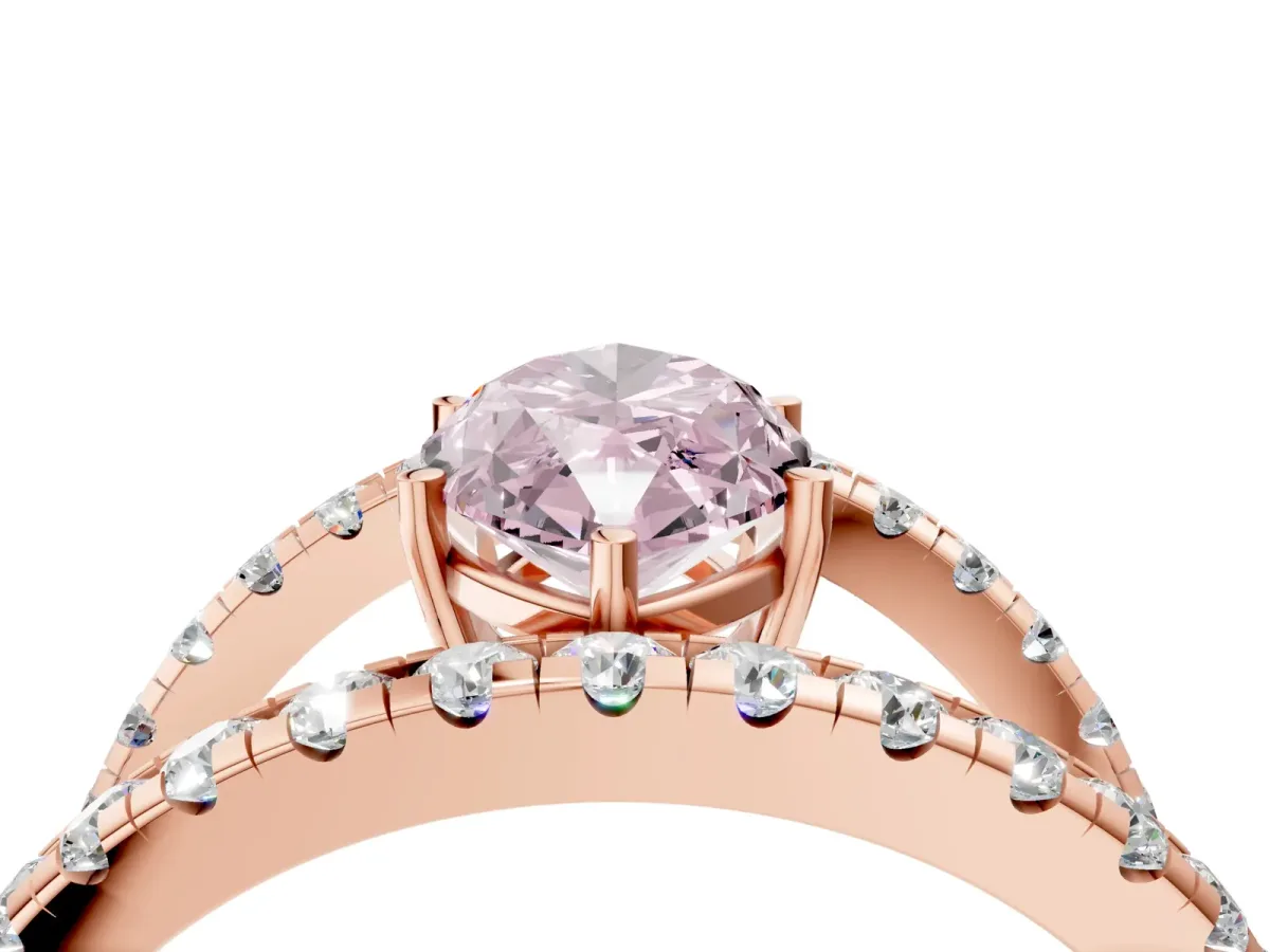 Fancy Pink Marquise Cut Solitaire Split Shank Pave Diamond Ring Rose gold