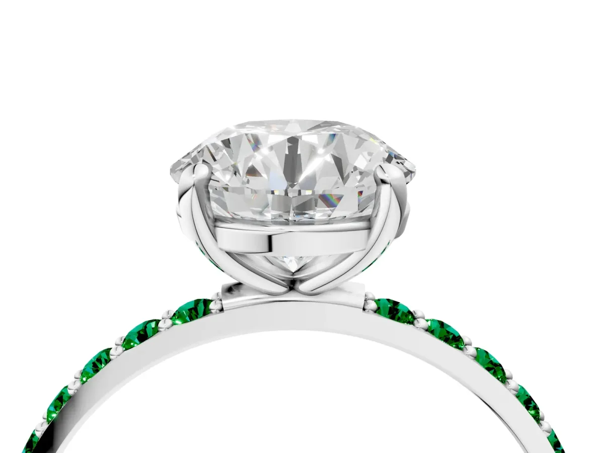 Round Cut Diamond Solitaire Ring with Round Emerald Pavé Band and Prong Setting Silver