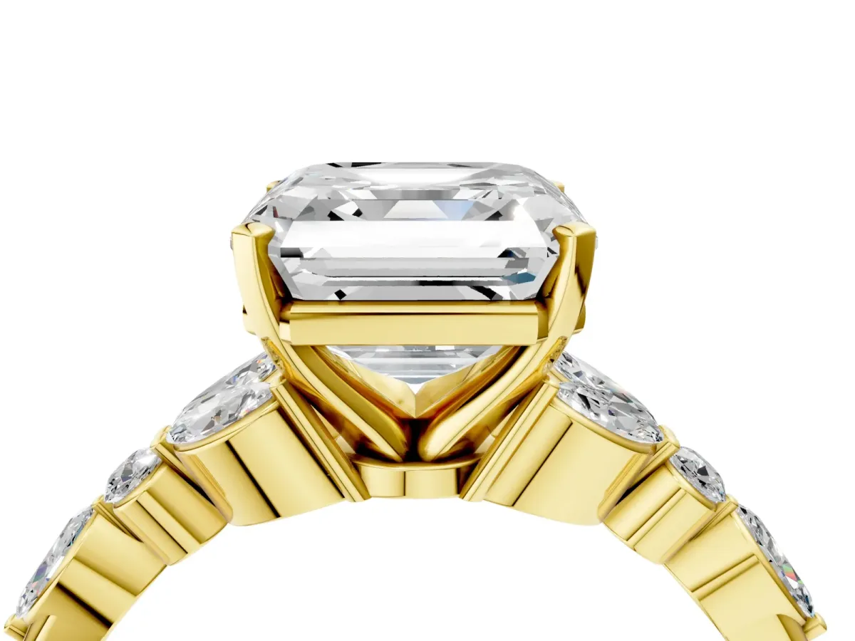 Asscher Cut Diamond Solitaire Ring with Side Stones and Four-Prong Setting Yellow gold