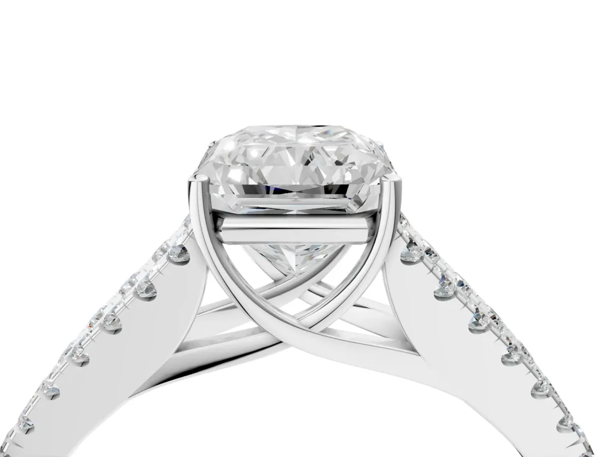 Radiant Cut Diamond Split Shank Pavé Engagement Ring with Four-Prong Setting White gold