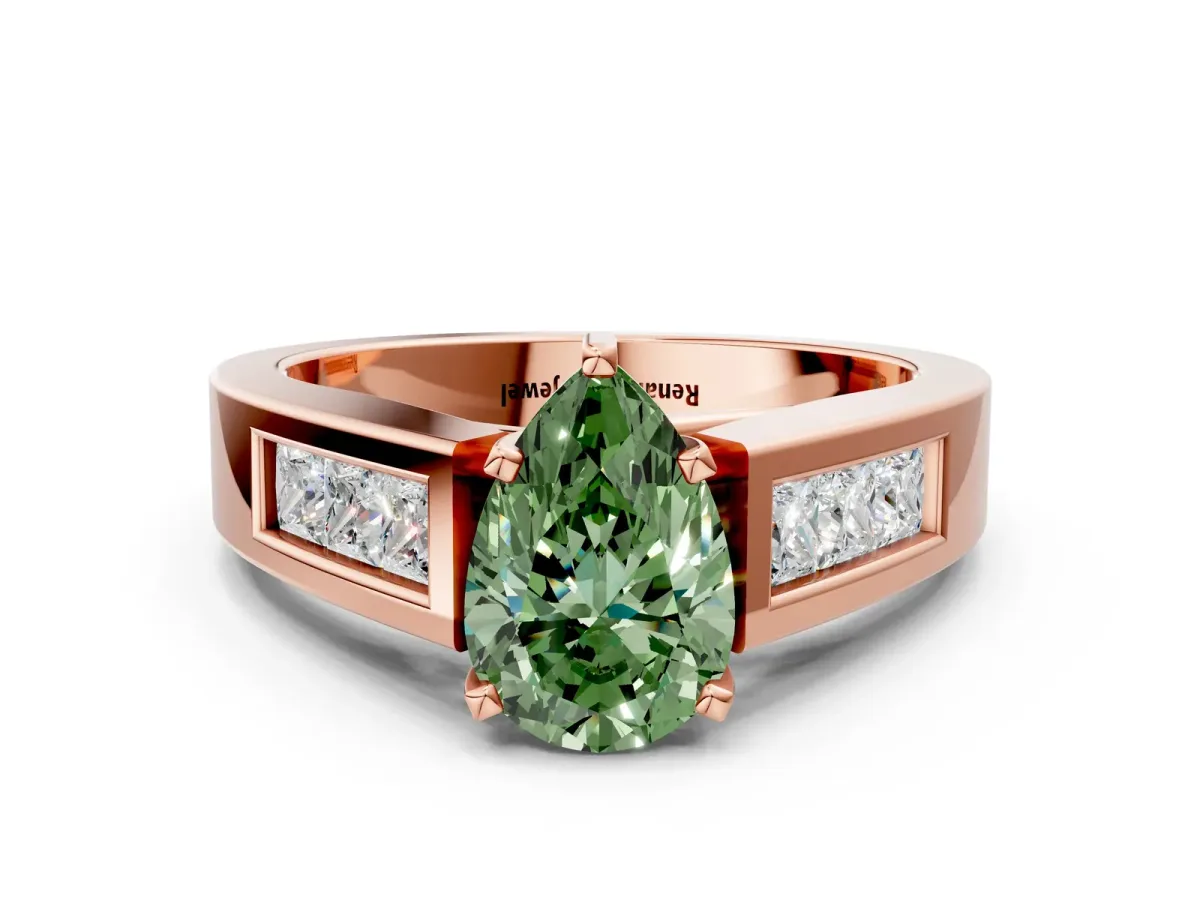 Fancy Green Pear Cut Cut Channel Set Solitaire Ring with Four-Prong Setting Rose gold