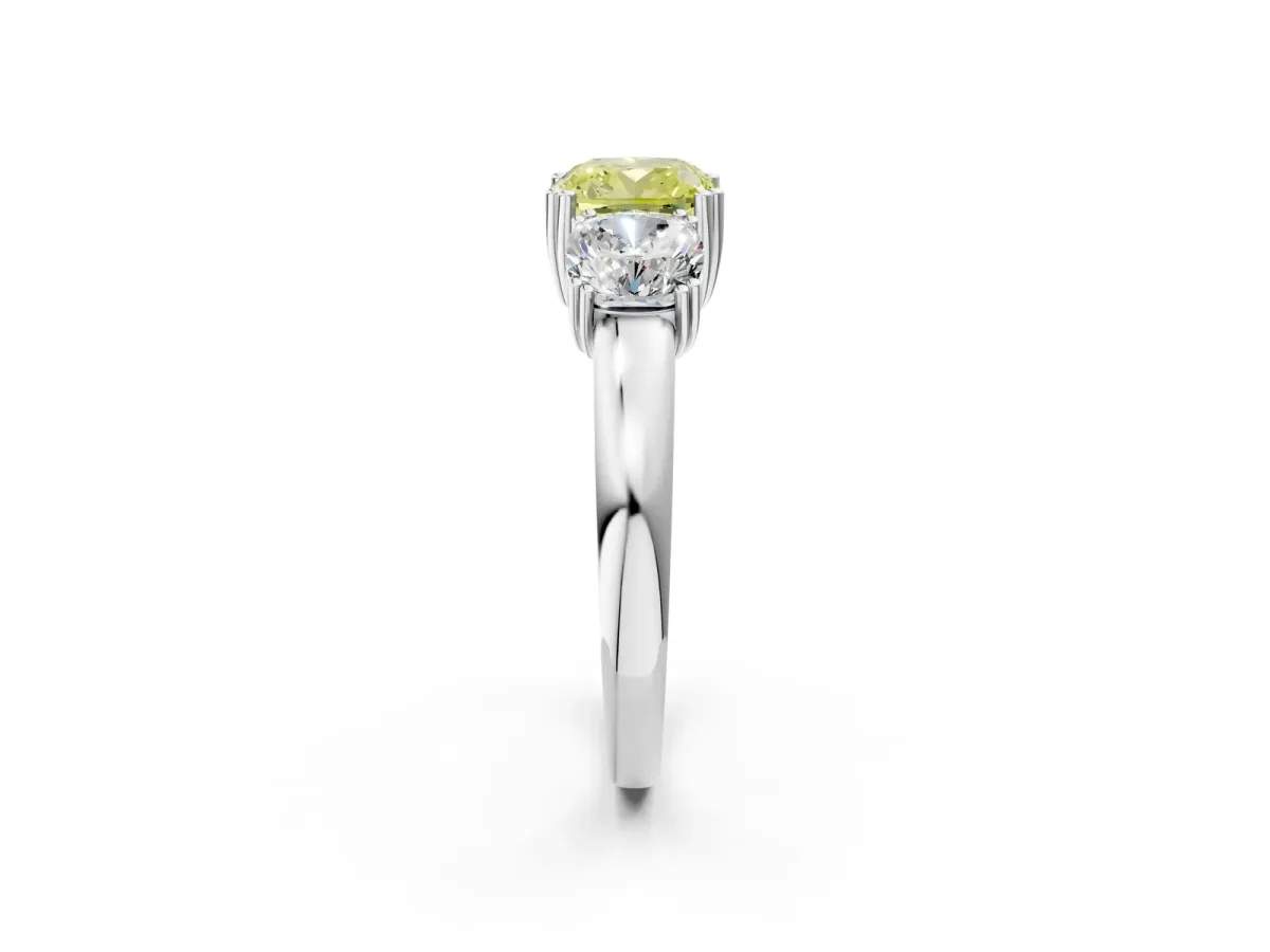 Fancy Yellow Three-Stone Cushion Cut Cut Diamond Ring with Channel Set Band and Four-Prong Setting Silver