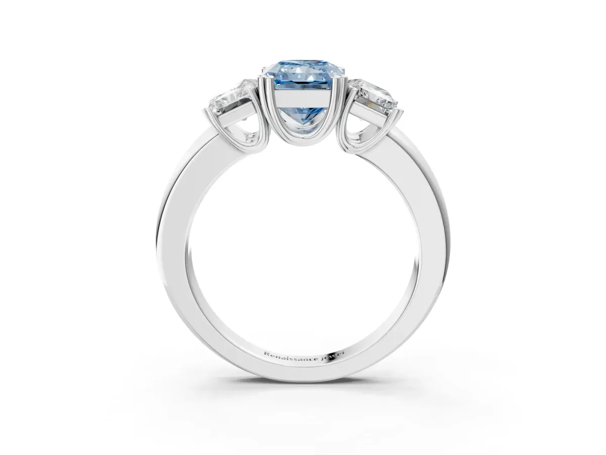 Fancy Blue Three-Stone Radiant Cut Cut Diamond Ring with Channel Set Band and Four-Prong Setting Silver