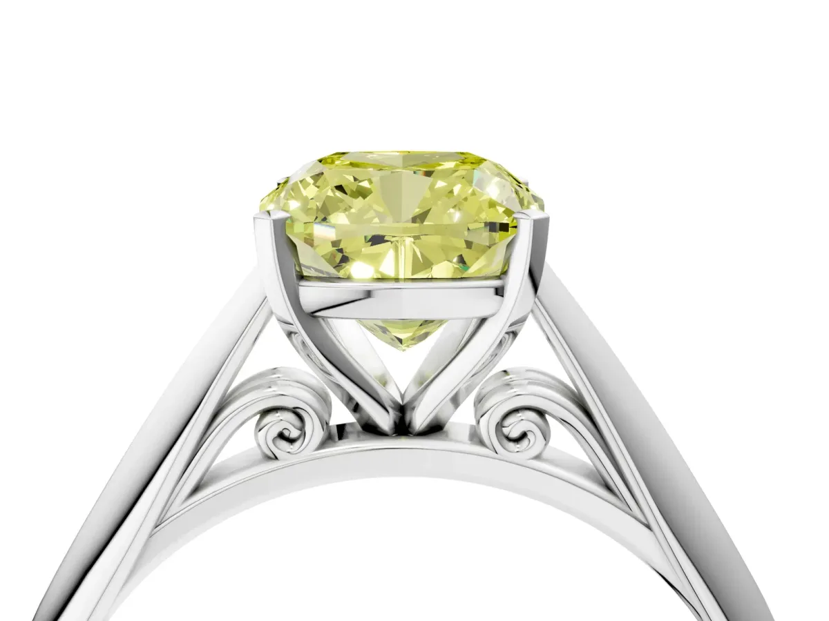 Fancy Yellow Cushion Cut Diamond Solitaire Engagement Ring with Cathedral Setting and Four-Prong Mount Silver