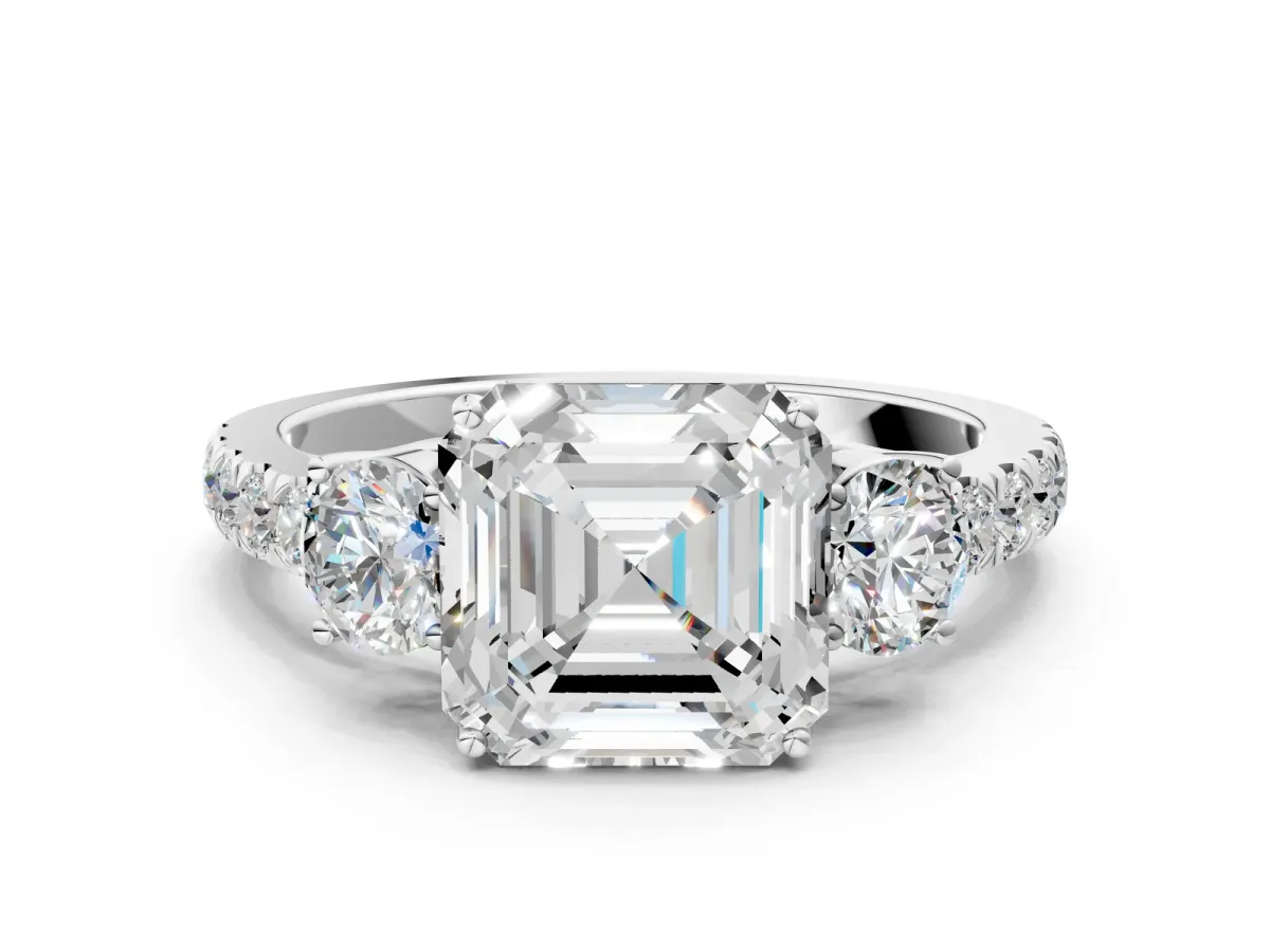 Asscher Cut Cut Diamond Three-Stone Ring with Round Side Stones and Pavé Band Platinum