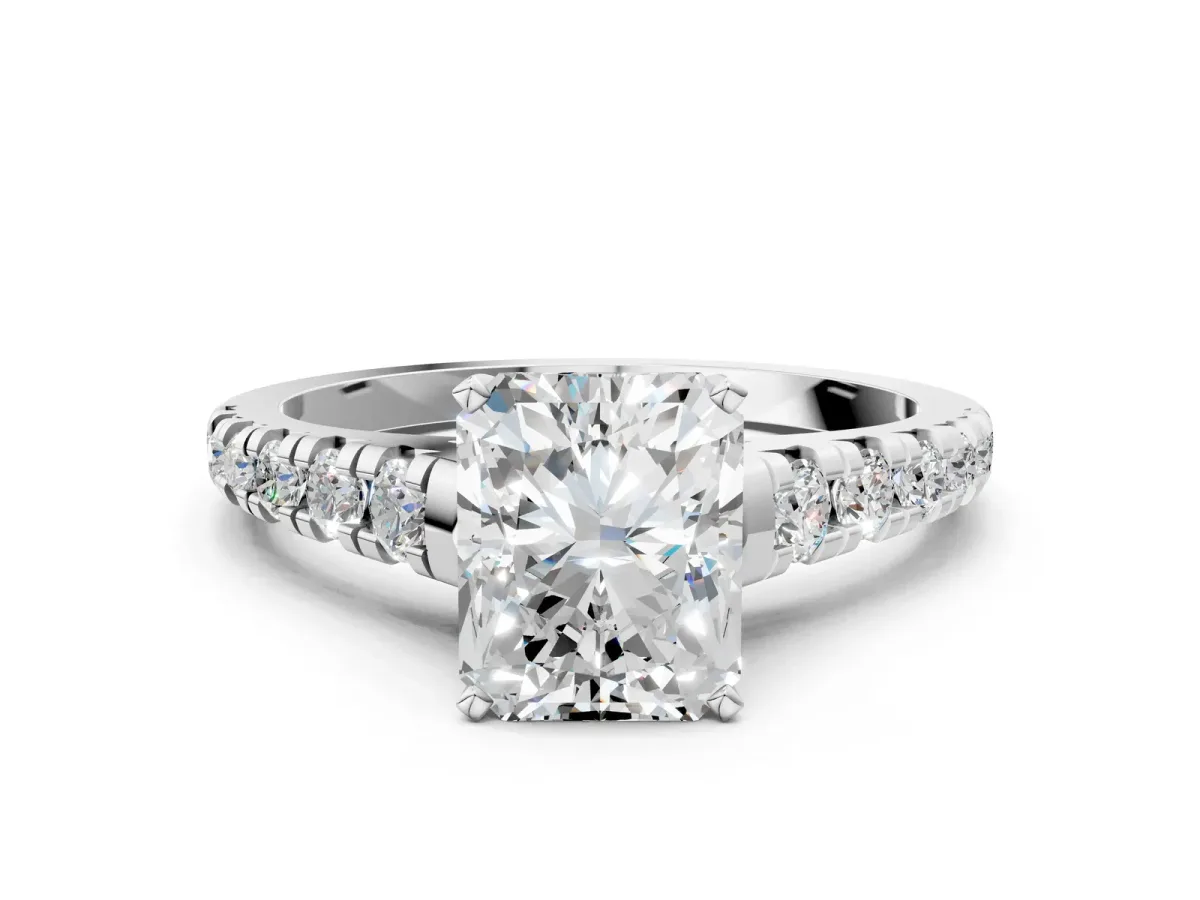 Radiant Cut Diamond Cathedral Solitaire Ring with Round Moissanite Pavé Band Silver