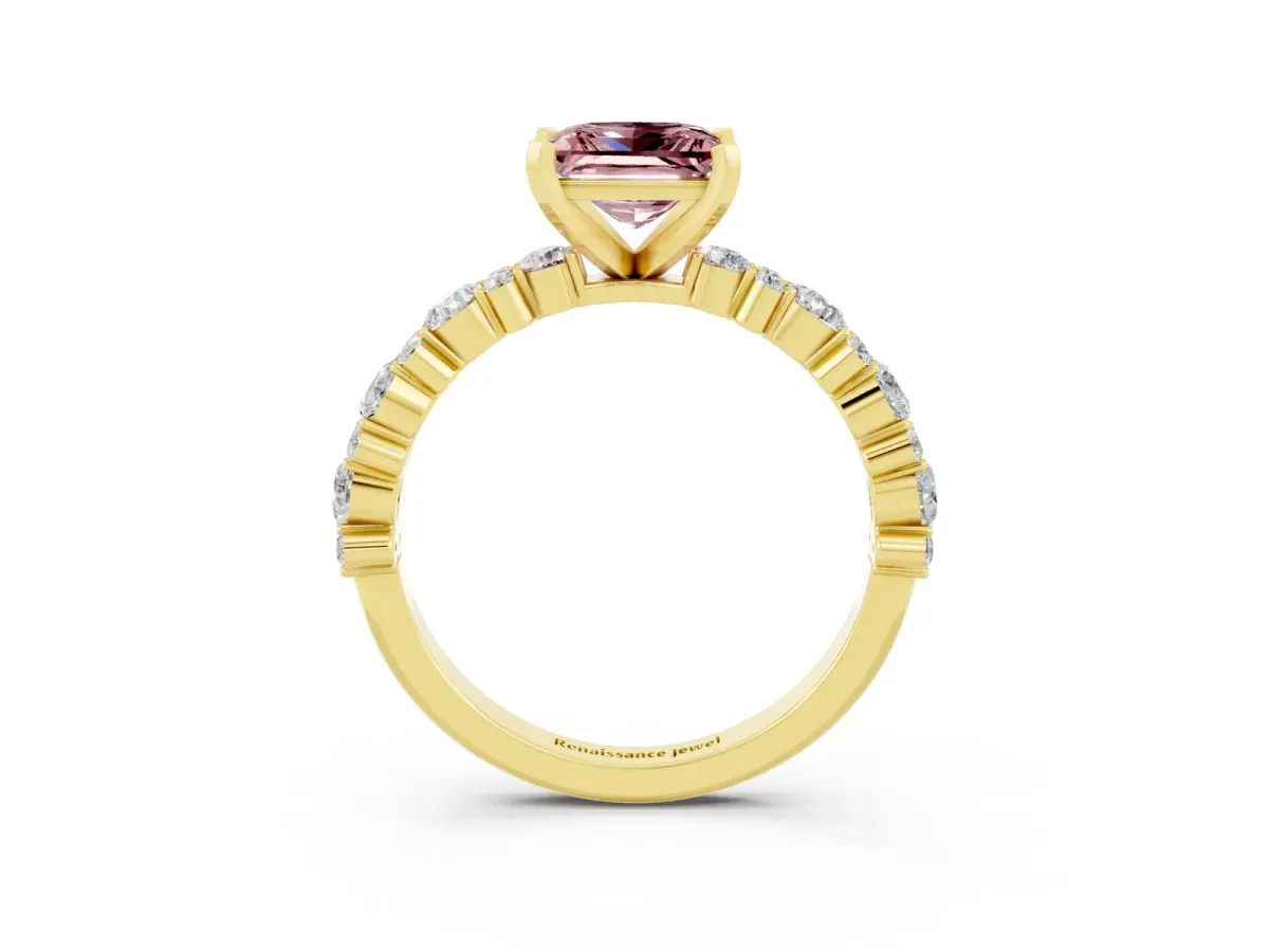 Princess Cut Morganite Side Stone Solitaire Ring with Round and Four-Prong Setting Yellow gold