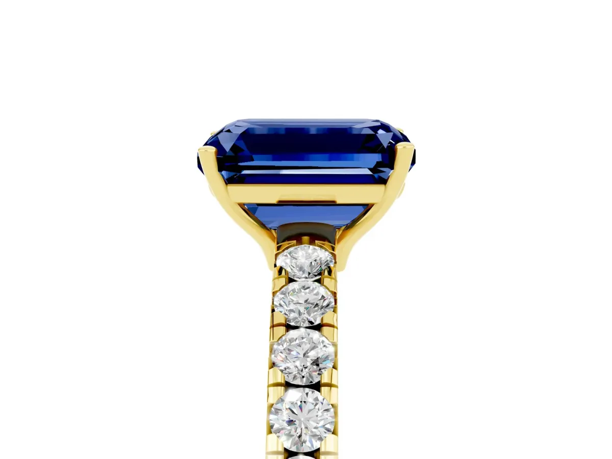 Emerald Cut Blue Sapphire Pavé Solitaire Engagement Ring with Four-Prong Setting Yellow gold