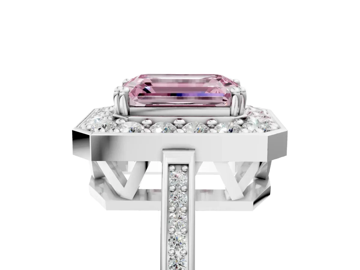 Fancy Pink Emerald Cut Diamond Halo Ring with Split Shank and Four-Prong Setting White gold