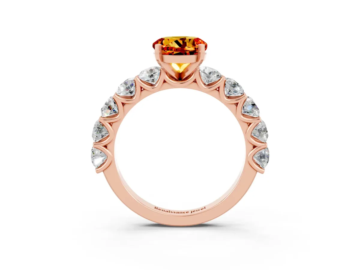 Round Cut Citrine Prong Setting with Side Stones on a Pave Band Rose gold