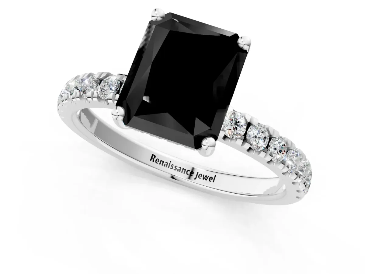 Fancy Black Radiant Cut Diamond Pave Band Solitaire Ring with Round and Prong Setting Platinum