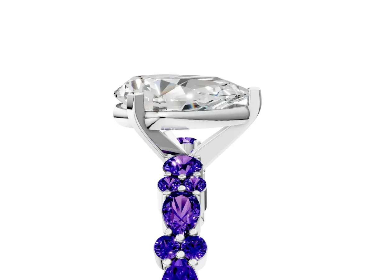 Pear Cut Diamond Side Stone Solitaire Ring with Round Tanzanite and Four-Prong Setting Silver