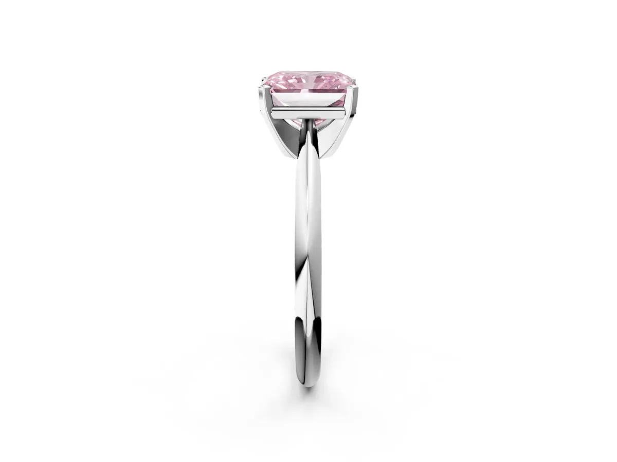 Fancy Pink Radiant Cut Cut Solitaire Ring with Four-Prong Setting on a Classic Band Platinum