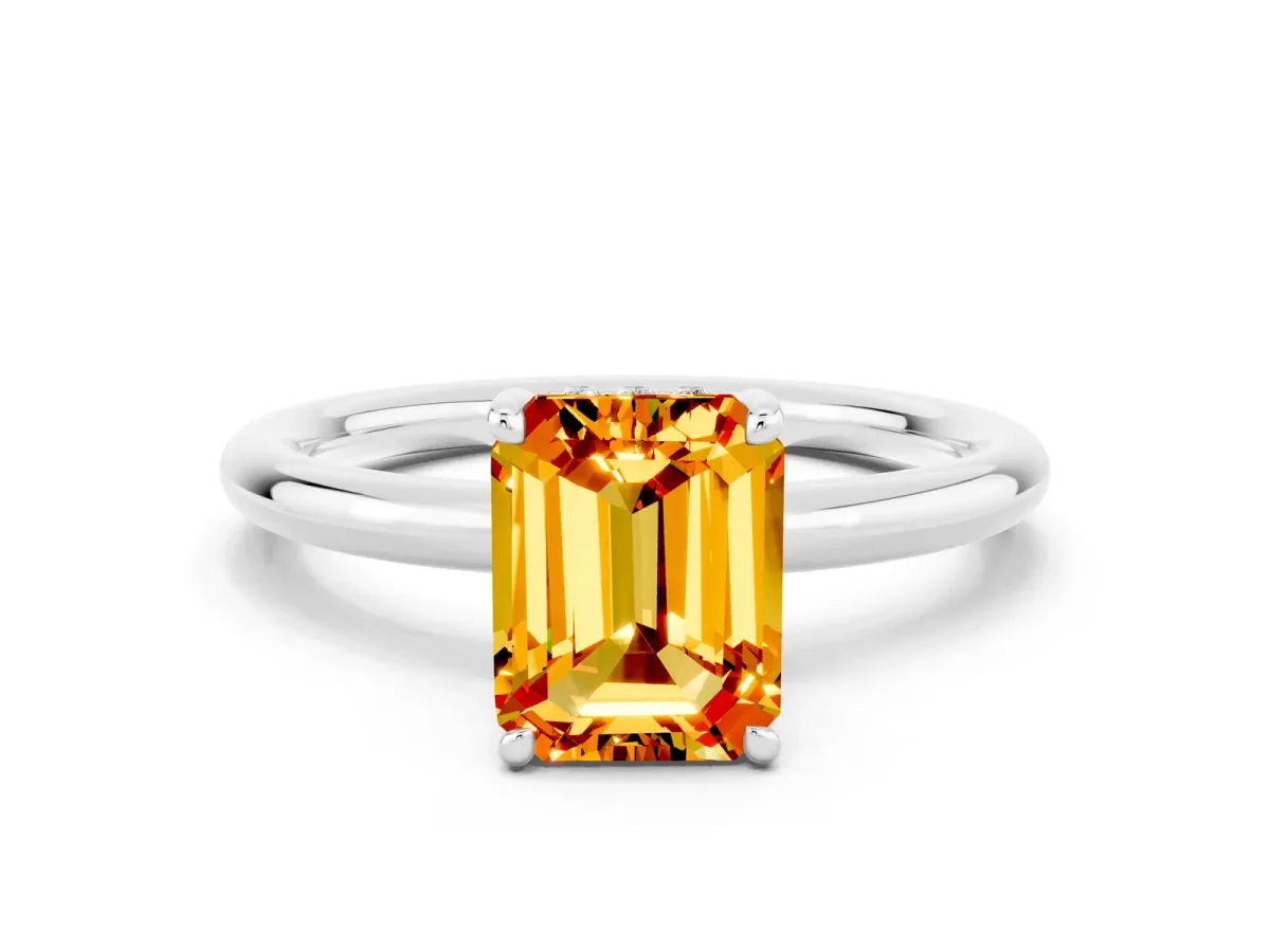 Emerald Cut Citrine Solitaire Ring with Thin Band and Four-Prong Setting White gold