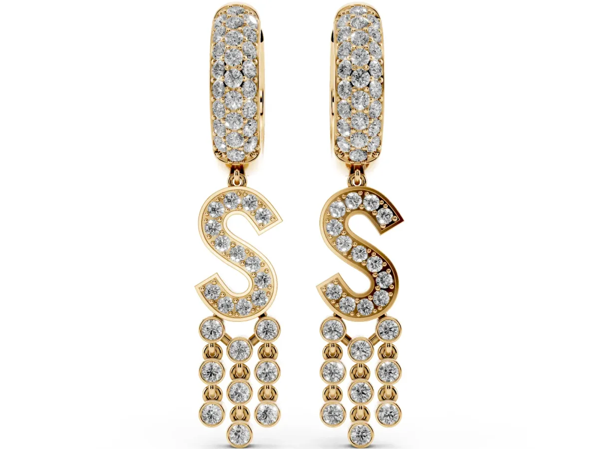 Round Diamond Initial S Huggie Hoop Earrings Yellow gold