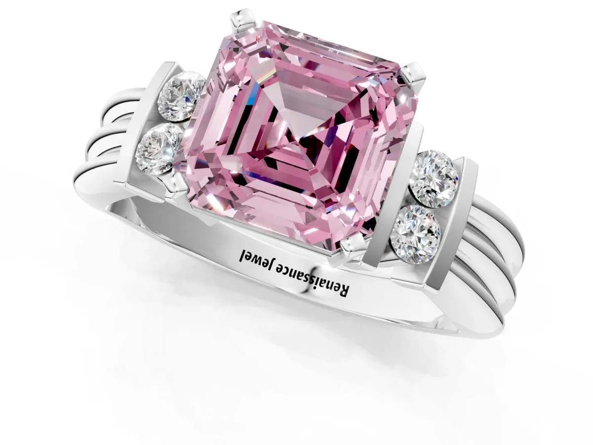 Fancy Pink Asscher Cut Cut Three-Stone Channel Set Ring with Bar Prongs Platinum