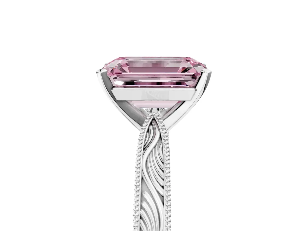Fancy Pink Emerald Cut Solitaire Milgrain Engraved Band with Four-Prong Setting White gold