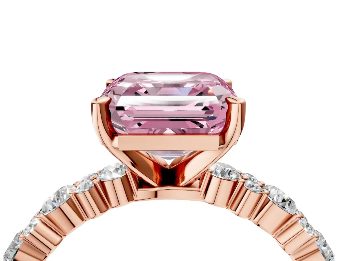 Fancy Pink Asscher Cut Diamond Side Stone Solitaire Ring with Round and Four-Prong Setting Rose gold